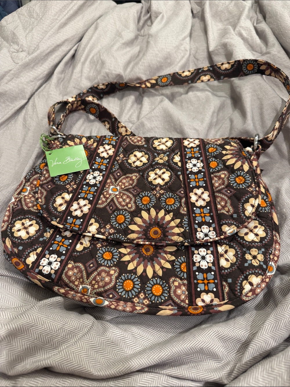 Vera Bradley Brown Floral Quilted Shoulder Bag with Orange Accents